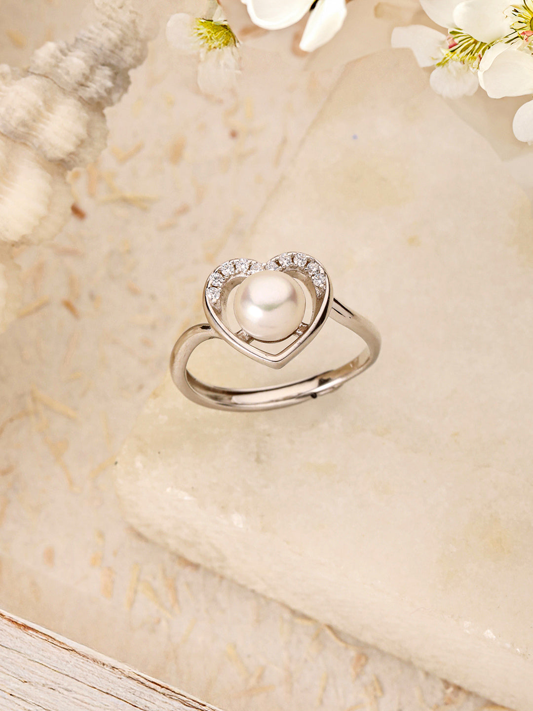 925 Silver Round Faux Pearl AD Studded Heart Shaped Proposal Finger Ring
